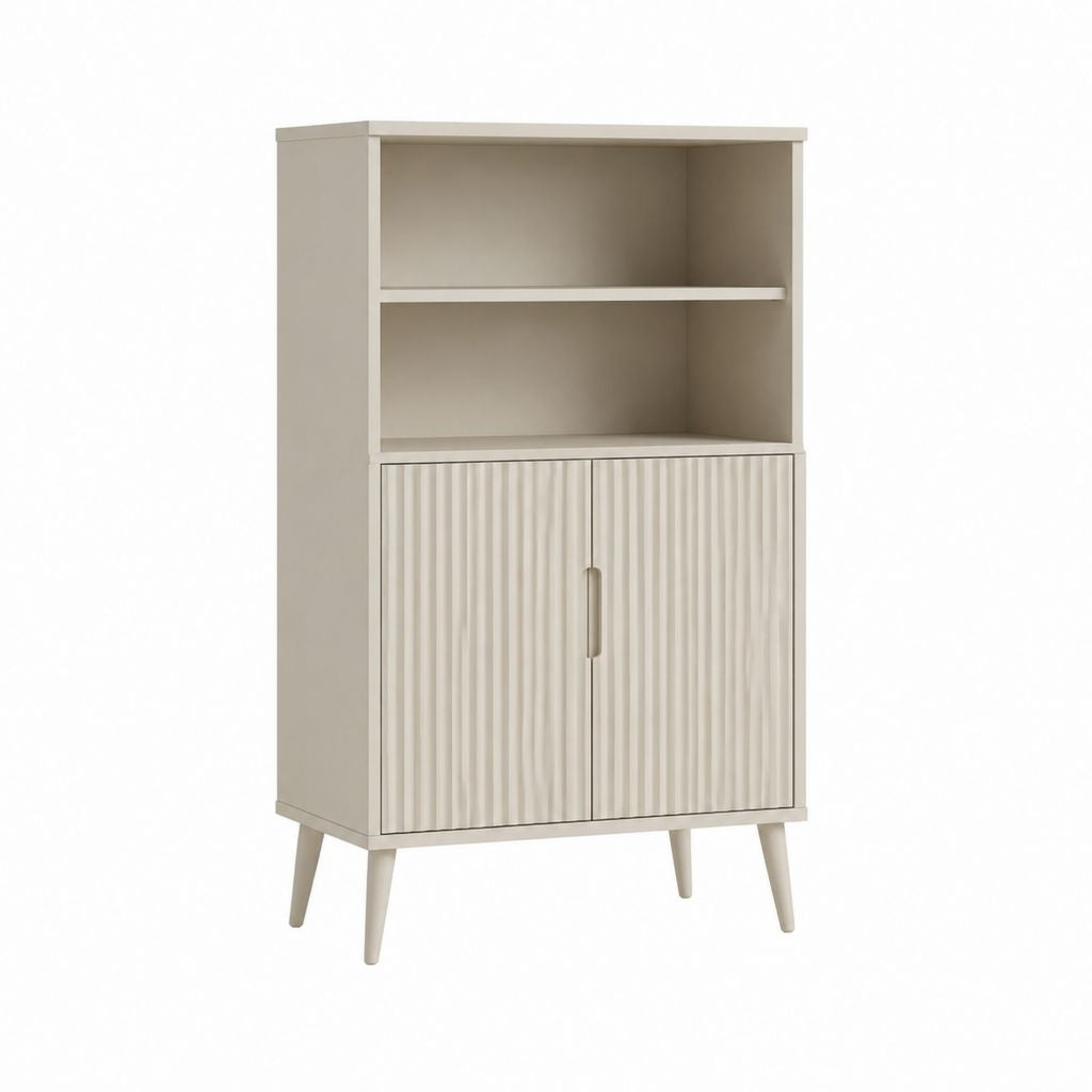 Buffet haut beige en panneaux MDF 80 x 40 x 160 cm avec 2 portes et étagères ouvertes