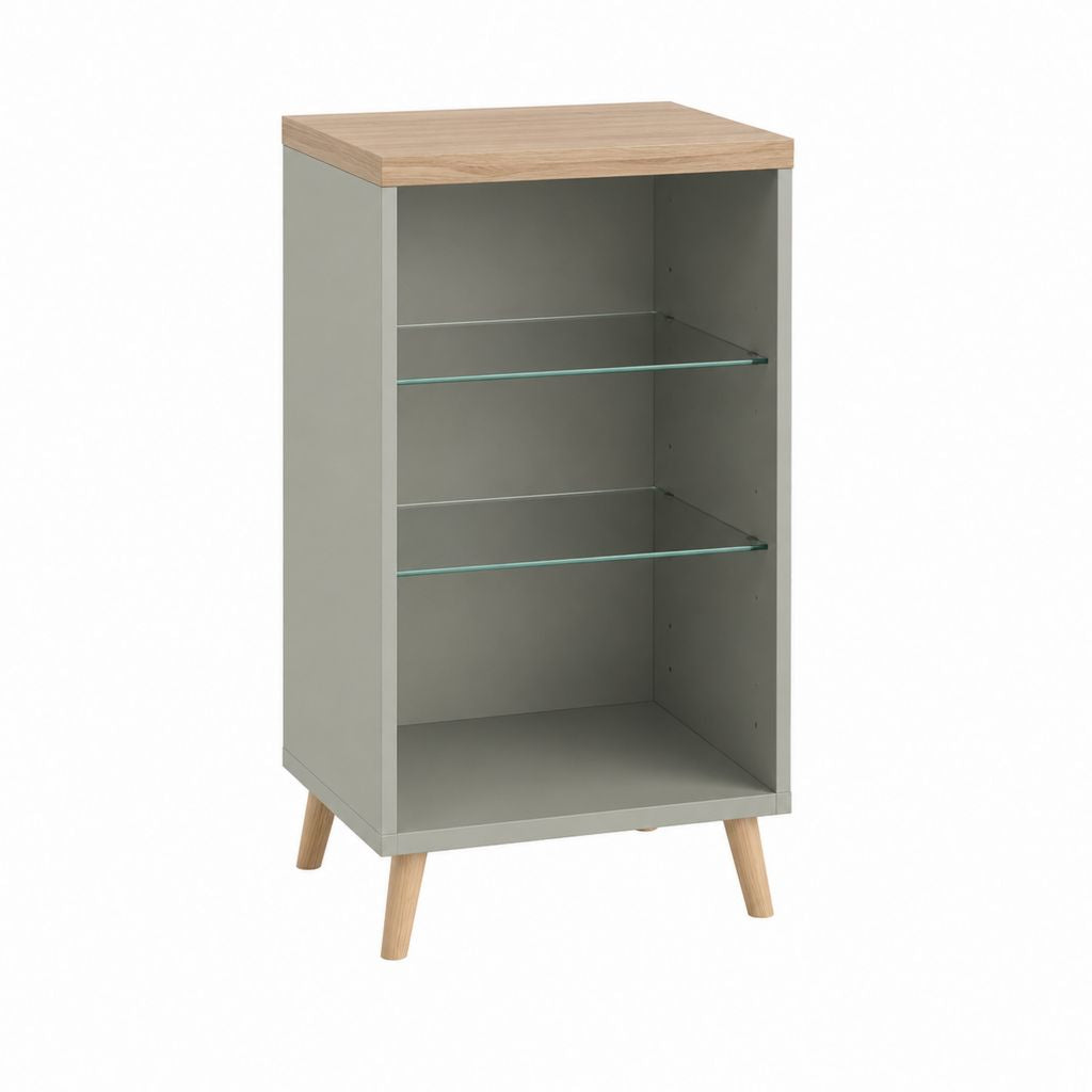 Buffet ouvert gris et chêne clair en panneaux de particules avec 2 étagères en verre trempé 60 x 40 x 120 cm
