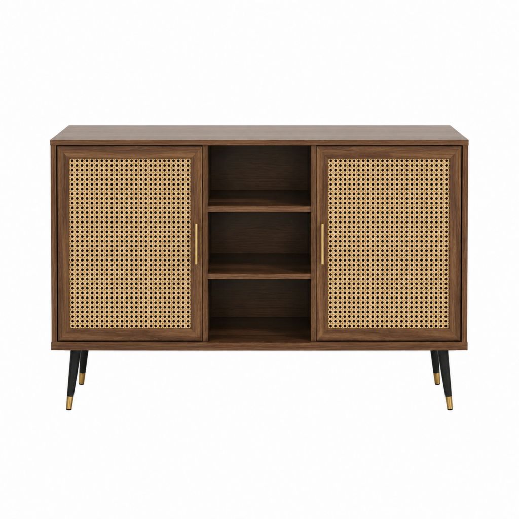 Buffet de salle à manger rectangulaire marron en MDF plaqué noyer et cannage 120 x 40 x 80 cm