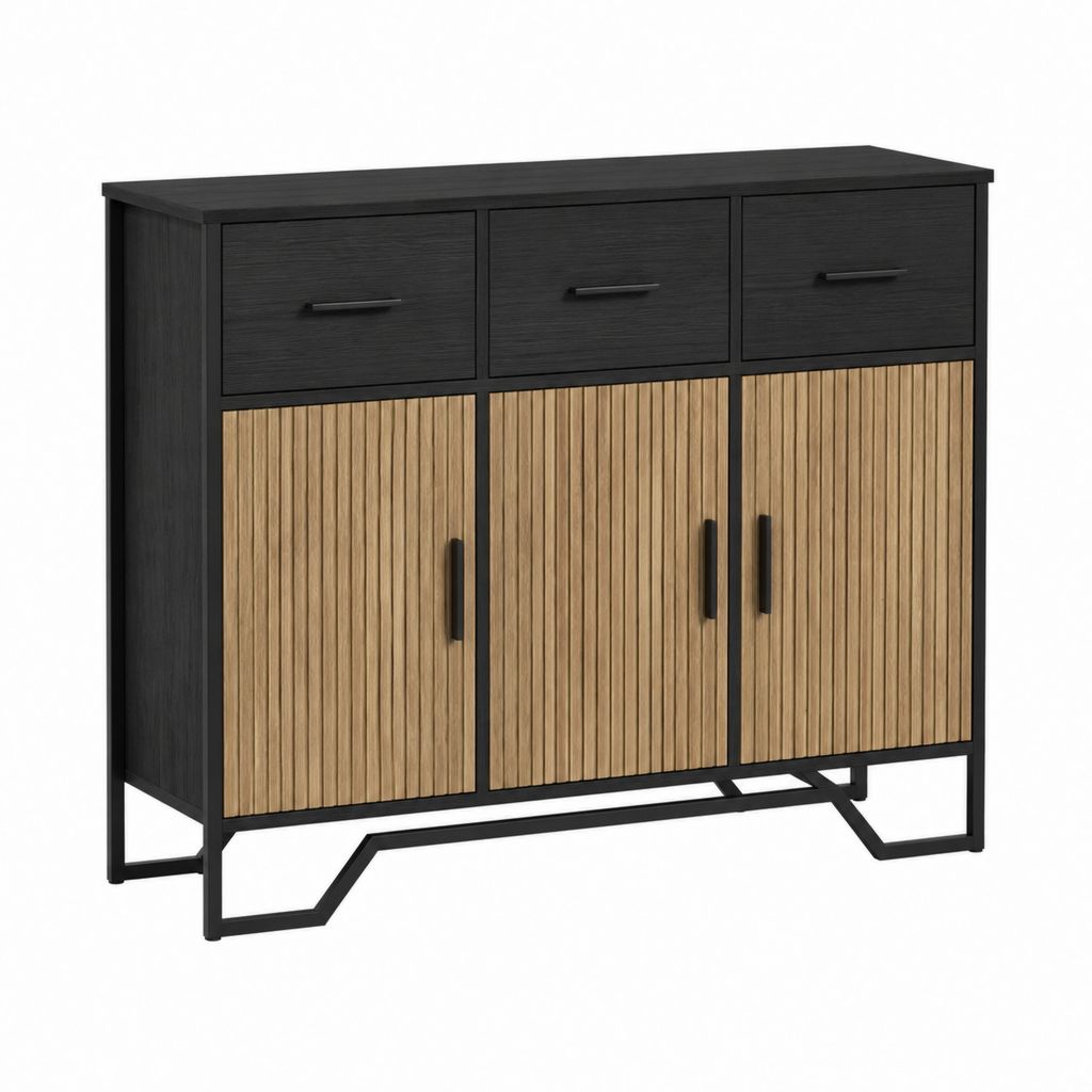 Buffet de rangement 3 portes 3 tiroirs noir et chêne en panneaux mélaminés et acier 120 x 40 x 90 cm