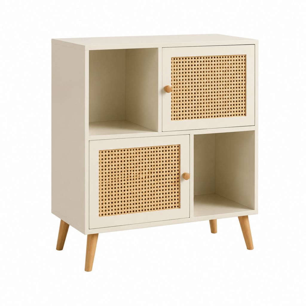 Buffet de rangement beige en panneaux MDF et cannage de rotin 80 x 40 x 100 cm