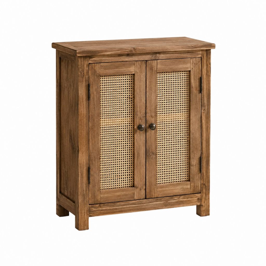 Buffet 2 portes marron en bois massif de manguier et cannage rectangulaire 60 x 35 x 75 cm