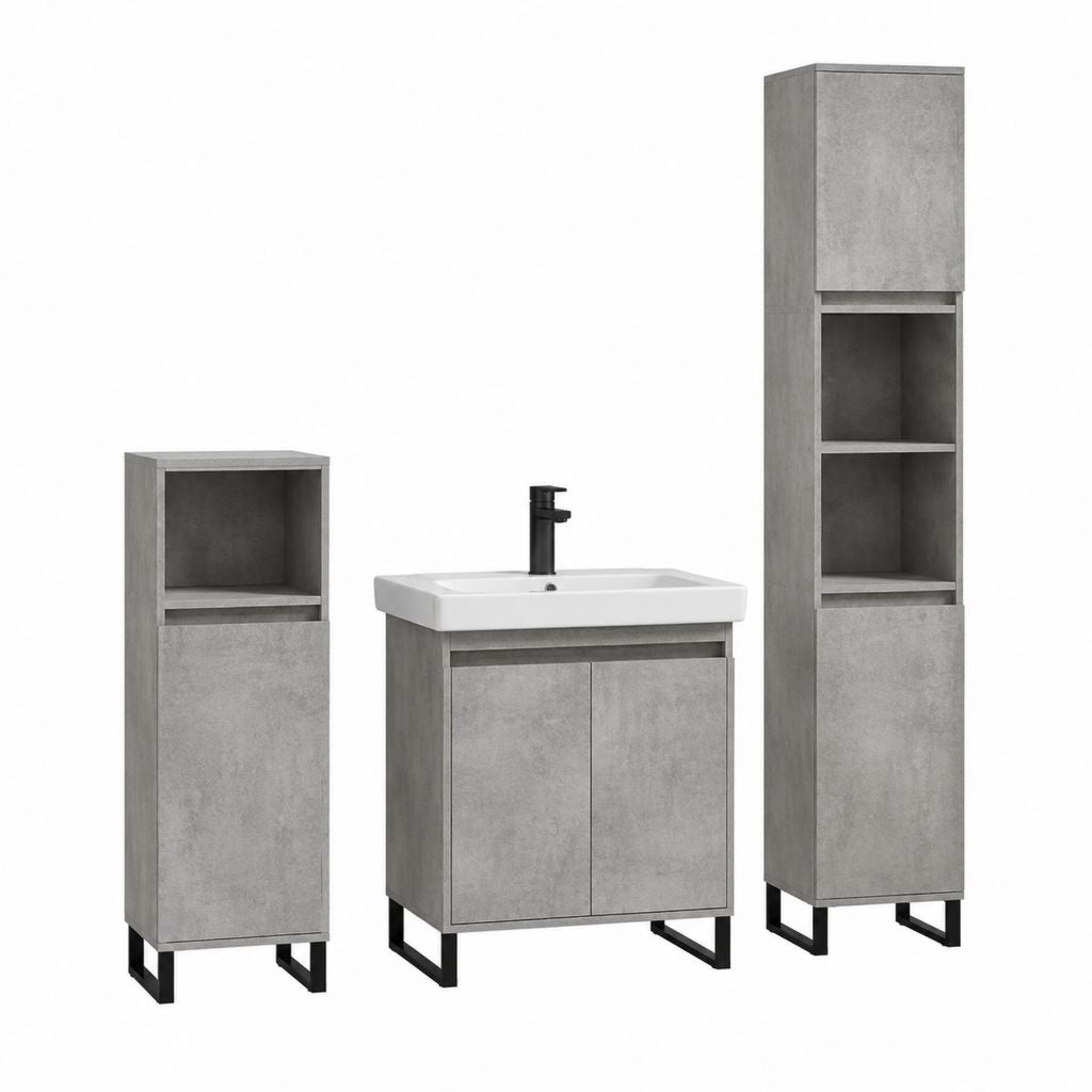 Ensemble meubles salle de bain 3 pièces gris béton en panneaux de particules avec lavabo 60 x 46 x 85 cm