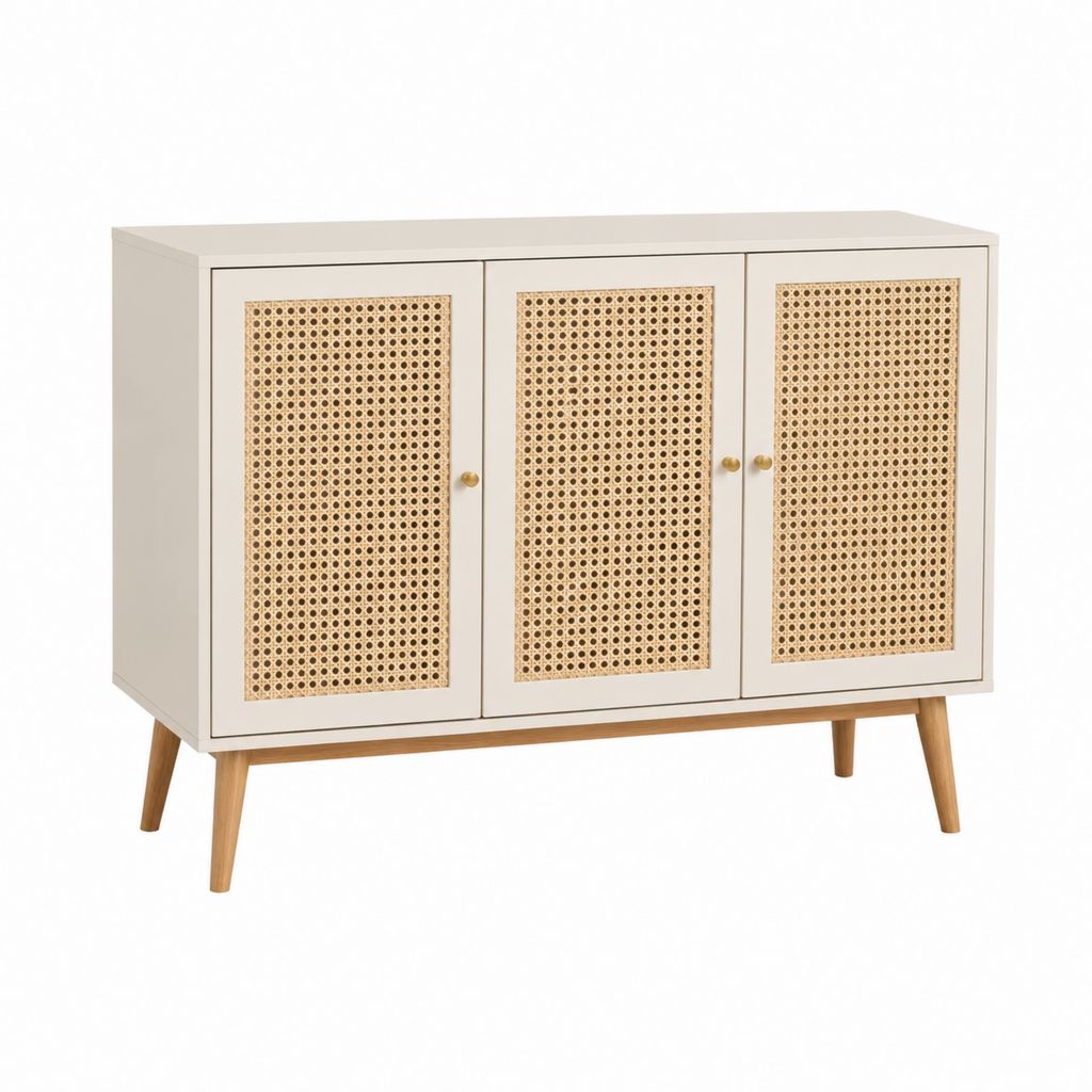 Buffet 3 portes blanc et naturel en MDF et rotin rectangulaire 120 x 40 x 80 cm