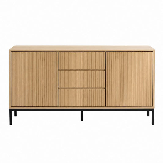 Buffet de rangement 2 portes 3 tiroirs chêne clair MDF plaqué chêne 160 x 40 x 85 cm