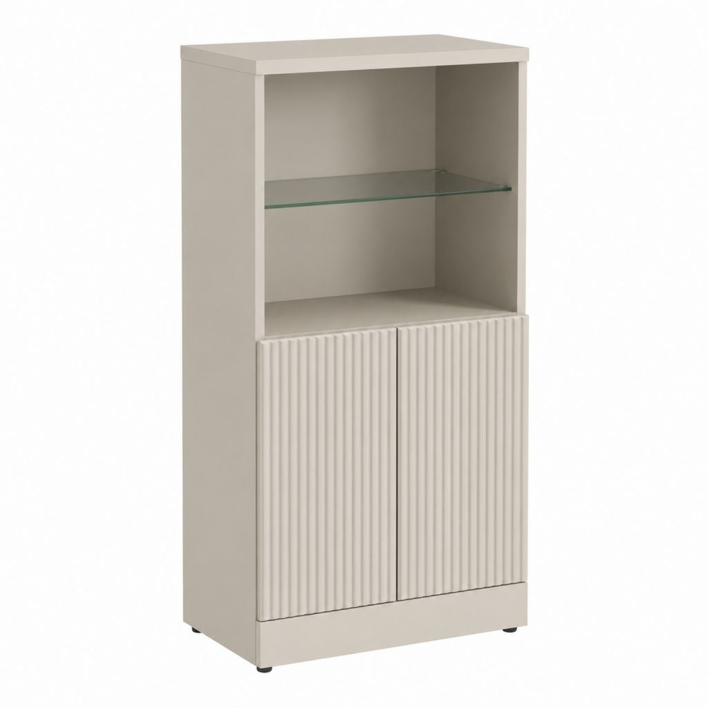 Buffet vitrine beige en panneaux de particules et verre rectangulaire 80 x 40 x 160 cm