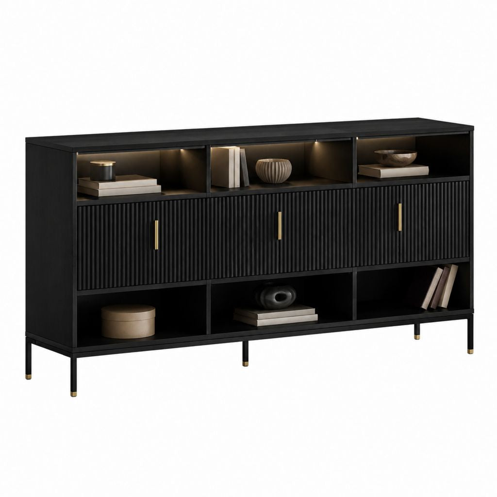 Buffet 4 portes noir en panneaux MDF finition mélaminée 180 x 40 x 90 cm