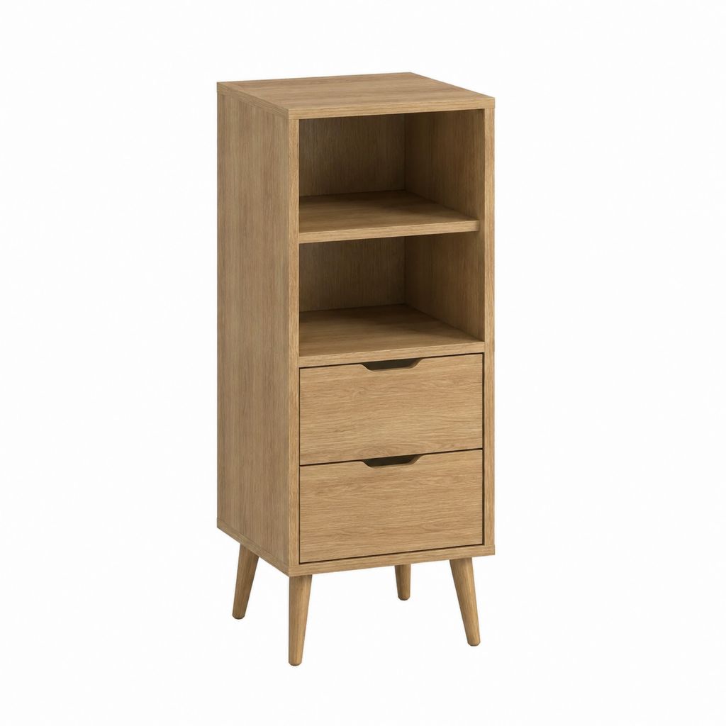 Buffet haut à 2 tiroirs et 2 niches chêne clair en panneaux de particules 50 x 40 x 140 cm