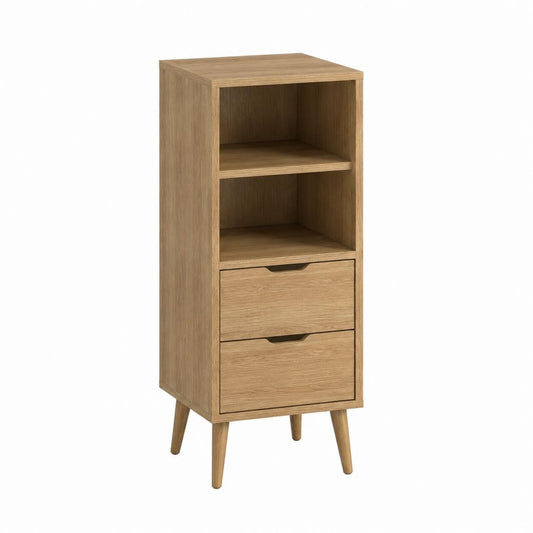 Buffet haut à 2 tiroirs et 2 niches chêne clair en panneaux de particules 50 x 40 x 140 cm