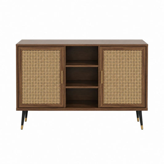 Buffet de salle à manger rectangulaire marron en MDF plaqué noyer et cannage 120 x 40 x 80 cm