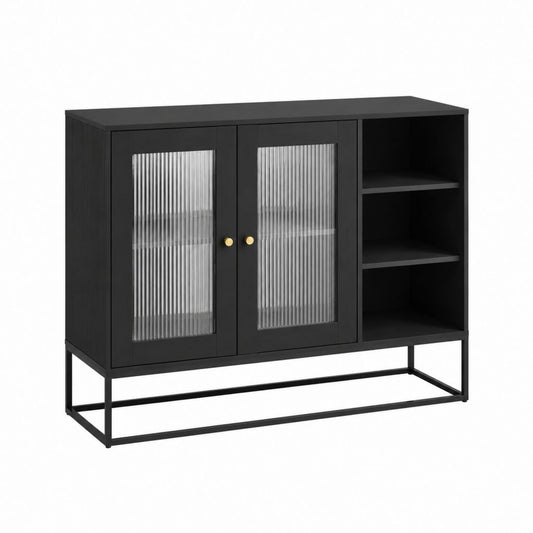 Buffet de salle à manger 2 portes noir en panneaux de particules et verre strié rectangulaire 120 x 40 x 100 cm