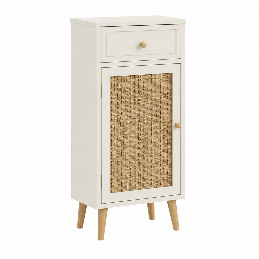 Buffet de rangement beige en panneaux MDF avec porte en rotin 60 x 120 x 35 cm