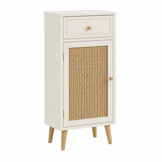 Buffet de rangement beige en panneaux MDF avec porte en rotin 60 x 120 x 35 cm