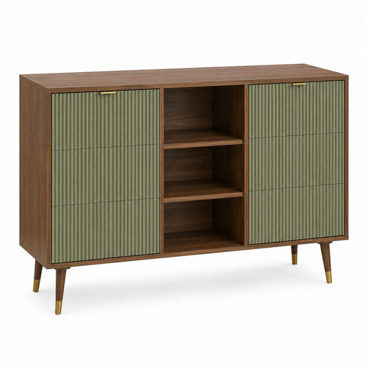 Buffet de rangement 120 x 40 x 90 cm noyer panneaux MDF verre strié vert