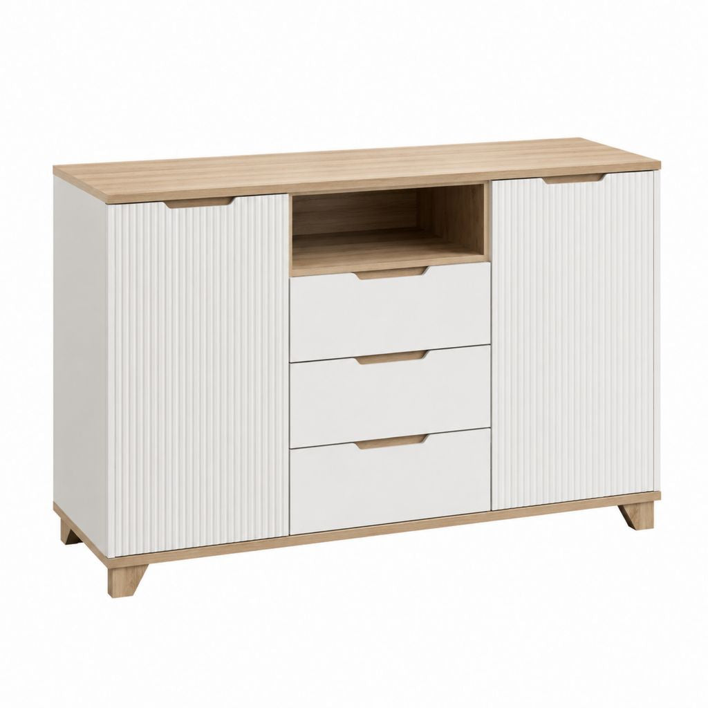 Buffet de rangement blanc et chêne en panneaux de particules rectangulaire 120 x 40 x 90 cm