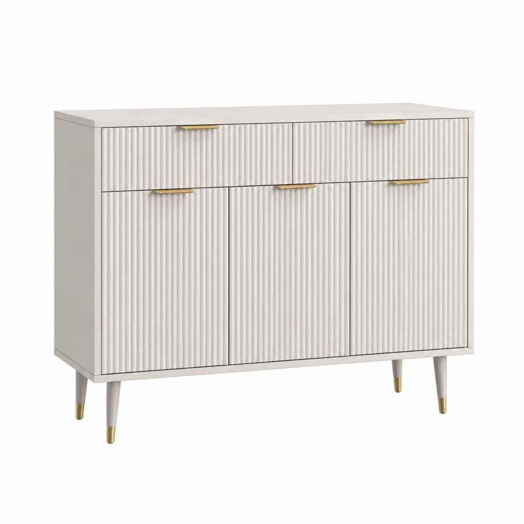 Buffet 3 portes 2 tiroirs blanc en panneaux MDF rainurés 120 x 40 x 80 cm