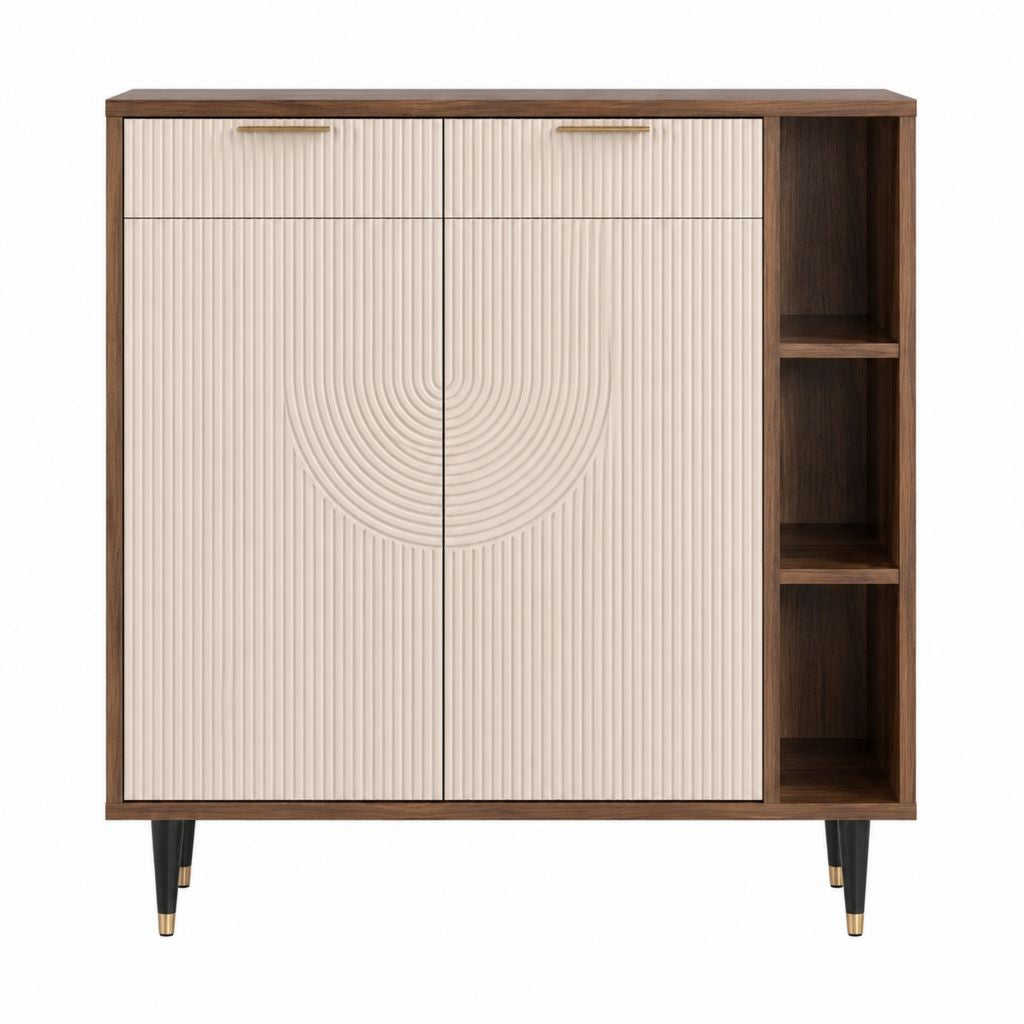 Buffet haut rectangulaire en MDF plaqué noyer et ivoire 120 x 40 x 140 cm