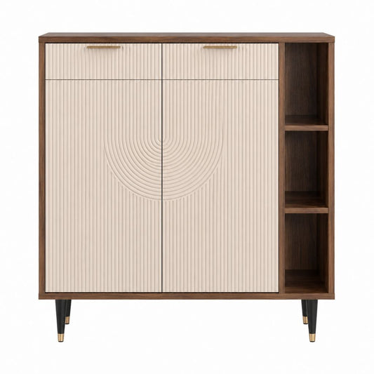Buffet haut rectangulaire en MDF plaqué noyer et ivoire 120 x 40 x 140 cm