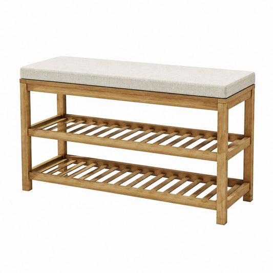 Banc à chaussures 2 étagères en bambou massif naturel avec assise rembourrée beige 100 x 30 x 45 cm