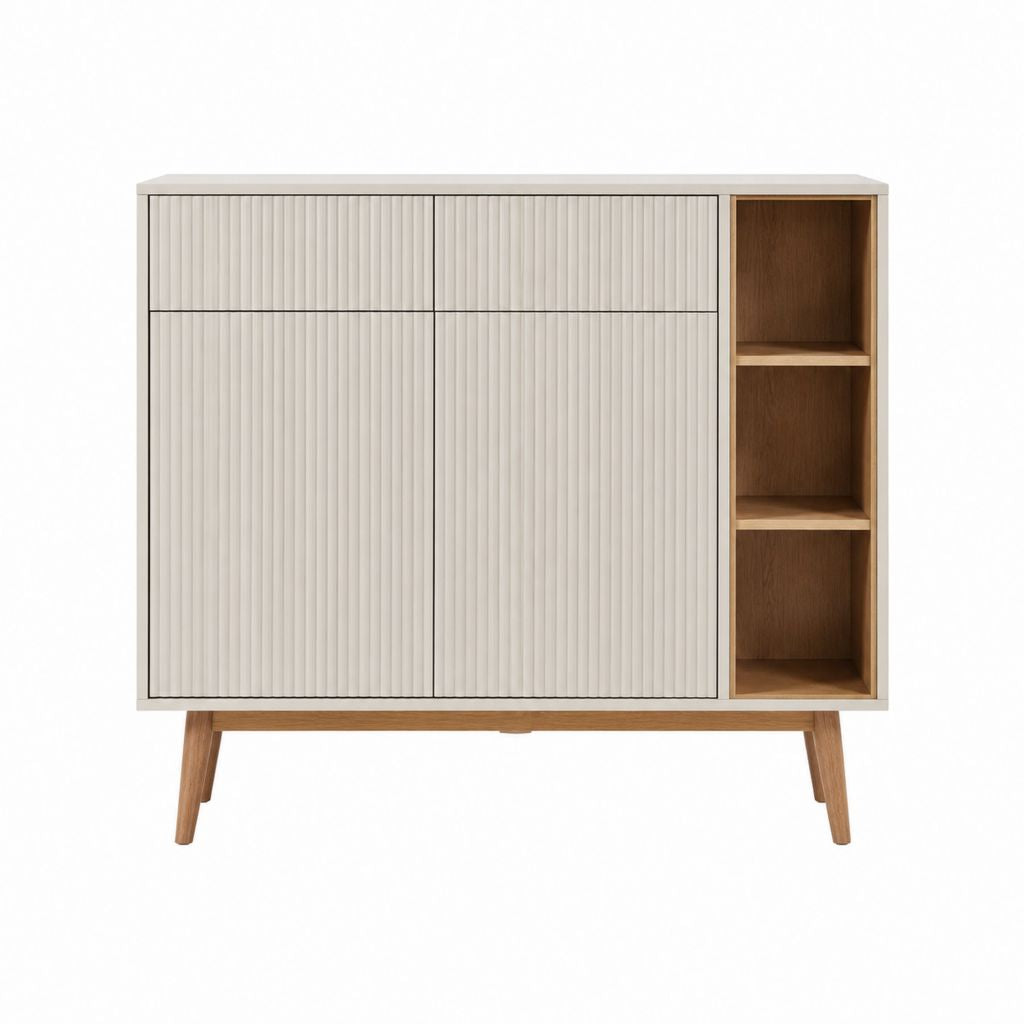 Buffet de salle à manger rectangulaire 4 portes blanc cassé et chêne en MDF 120 x 40 x 100 cm