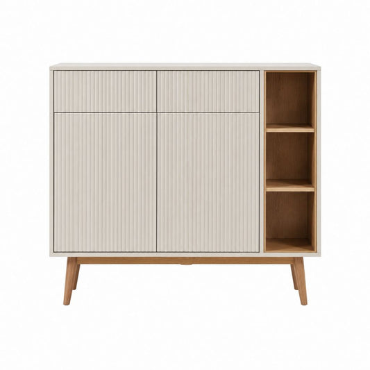Buffet de salle à manger rectangulaire 4 portes blanc cassé et chêne en MDF 120 x 40 x 100 cm