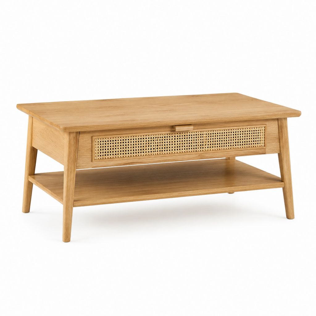 Table basse rectangulaire en chêne massif naturel avec tiroir cannage et étagère 100 x 50 x 45 cm