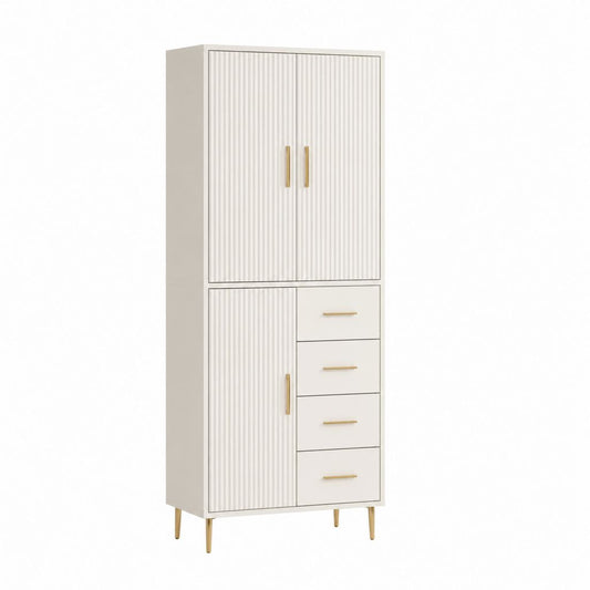 Buffet haut de rangement blanc cassé en panneaux MDF rectangulaire à 3 portes et 4 tiroirs 80 x 40 x 180 cm