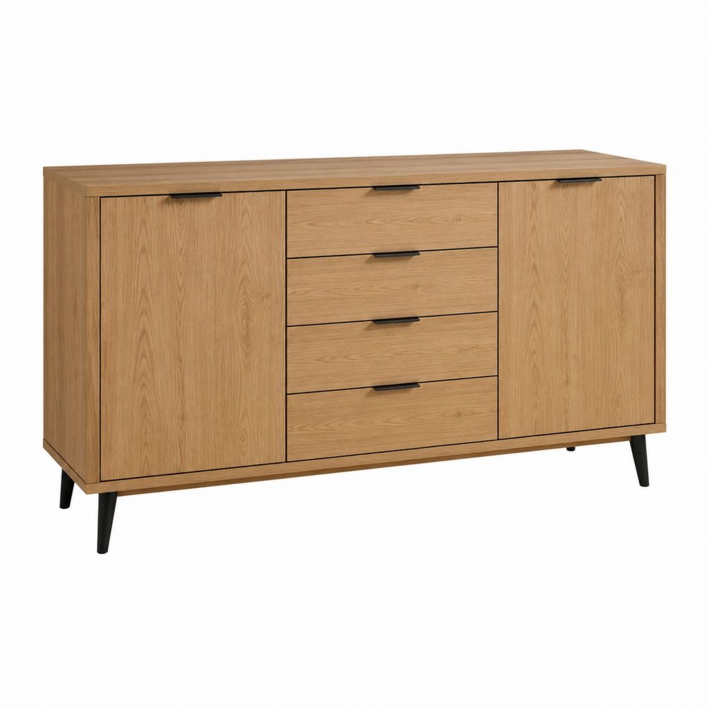 Buffet de salle à manger 2 portes 4 tiroirs chêne plaqué MDF rectangulaire 160 x 40 x 85 cm