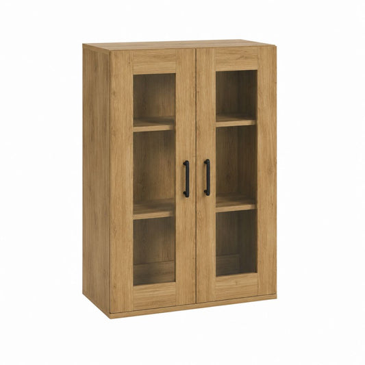 Buffet vitrine 2 portes chêne clair en panneaux de particules et verre 80 x 40 x 120 cm