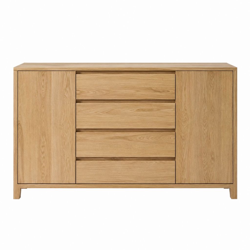 Buffet de rangement en chêne naturel rectangulaire avec 2 portes et 4 tiroirs 160 x 45 x 90 cm