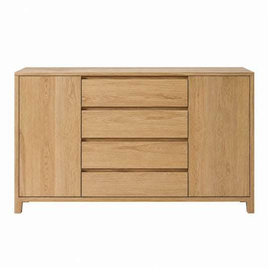 Buffet de rangement en chêne naturel rectangulaire avec 2 portes et 4 tiroirs 160 x 45 x 90 cm