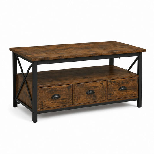 Table basse rectangulaire marron rustique et noir en panneaux de particules et acier 110 x 55 x 50 cm avec 3 tiroirs