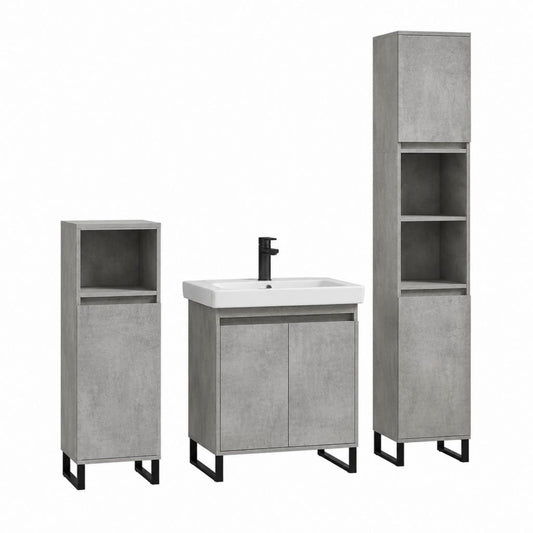 Ensemble meubles salle de bain 3 pièces gris béton en panneaux de particules avec lavabo 60 x 46 x 85 cm