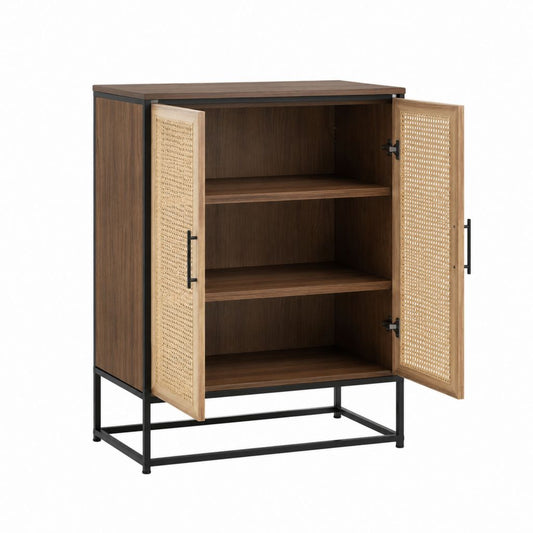 Buffet de rangement rectangulaire 2 portes noyer naturel noir en panneaux de particules acier et rotin 80 x 40 x 120 cm