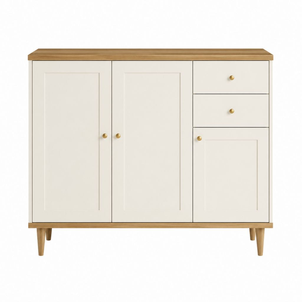 Buffet de salle à manger 3 portes 2 tiroirs blanc cassé et chêne 120 x 40 x 90 cm