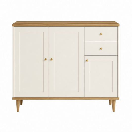 Buffet de salle à manger 3 portes 2 tiroirs blanc cassé et chêne 120 x 40 x 90 cm