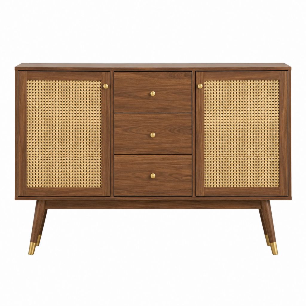 Buffet de salle à manger marron en MDF plaqué noyer avec cannage naturel 120 x 40 x 85 cm