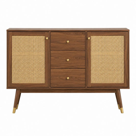 Buffet de salle à manger marron en MDF plaqué noyer avec cannage naturel 120 x 40 x 85 cm