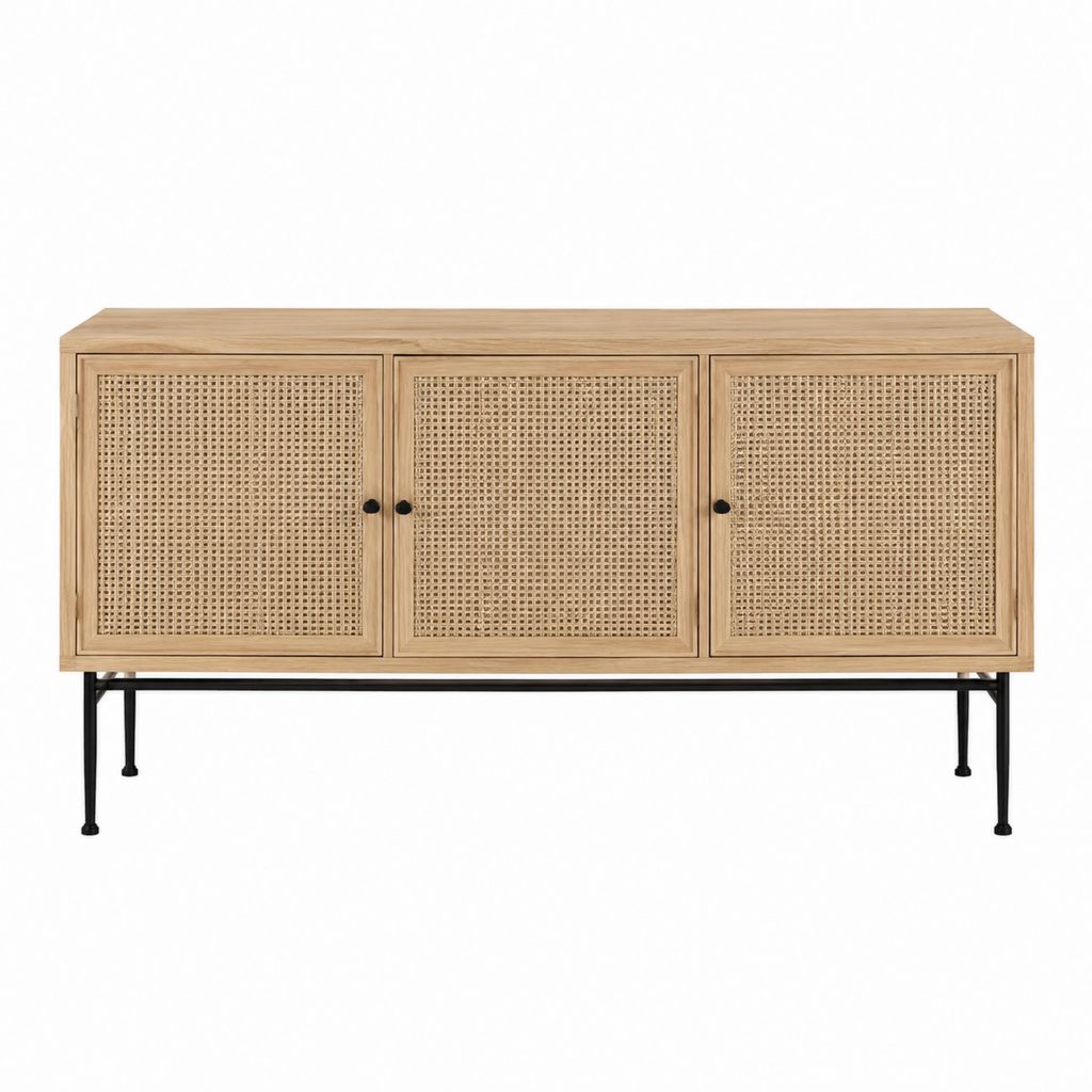 Buffet 3 portes rectangulaire naturel en bois massif et rotin 160 x 40 x 80 cm