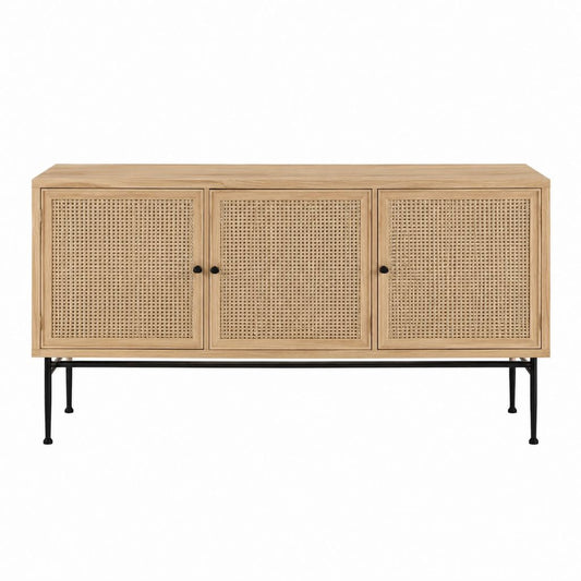 Buffet 3 portes rectangulaire naturel en bois massif et rotin 160 x 40 x 80 cm